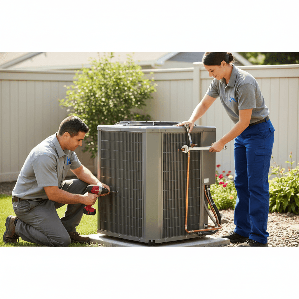 HVAC installation with two technicians