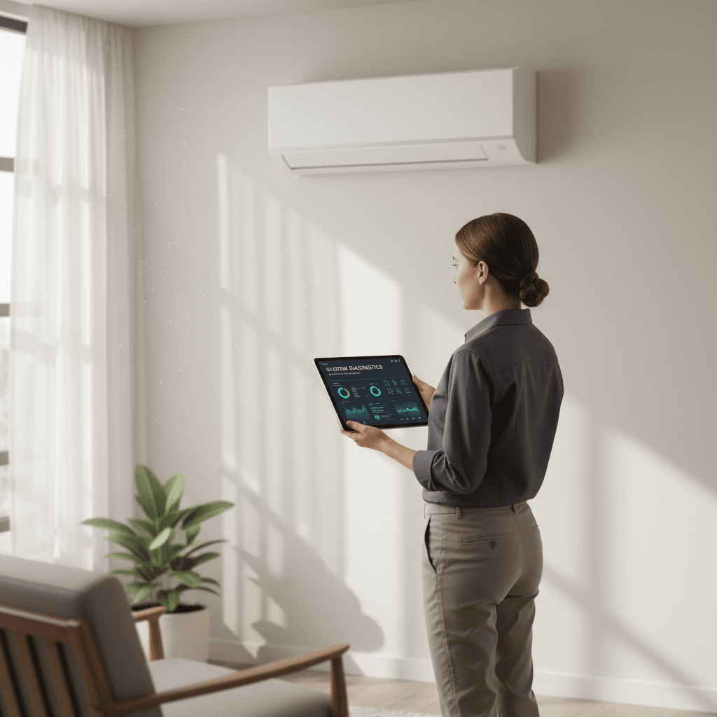 HVAC system diagnostic review on tablet